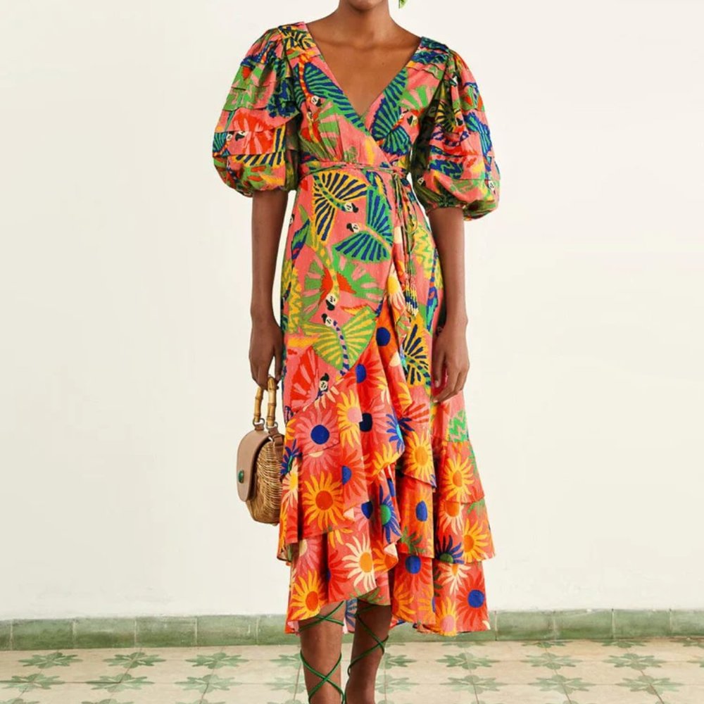 Farm Rio Coral Mixed Graphic Macaws Puff Sleeve Midi Dress